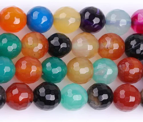 Vista 3 de Cuentas sueltas, gemas de ágata redondas facetadas naturales para realizar joyería a mano en grandes cantidades, bricolaje. Una tira: 15 pulgadas
