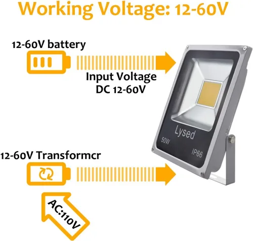 Vista 5 de Luz de inundación LED de 50 W CC 12 V-60 V, luz blanca cálida de bajo voltaje de 12 V, luz de seguridad para jardín, pared, luces de trabajo