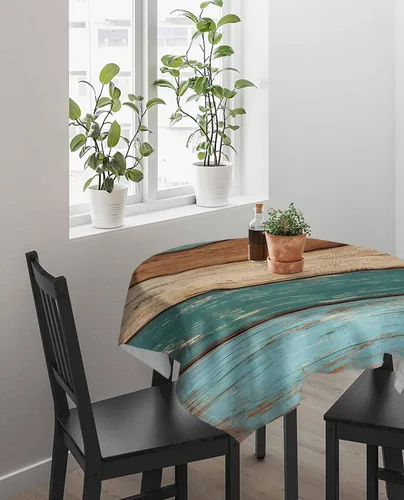 Vista 4 de Mantel rústico verde azulado impermeable para mantel cuadrado/redondo/rectangular, 54 x 54 pulgadas, manteles de poliéster lavables, mantel retro