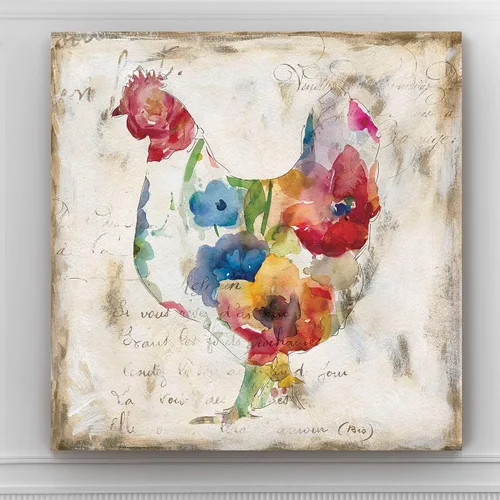 Vista 6 de Renditions Gallery Arte moderno de gallina con flores sobre lienzo estirado para decoración de pared