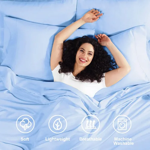 Vista 2 de Empyrean Bedding - Juego de sábanas de 6 piezas con correas ajustadas para mayor duración y resistencia, 110 GSM, tejido suave, Microfibra, azul