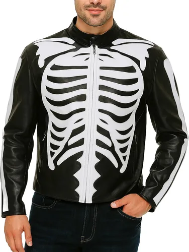 Vista 2 de Chaqueta de cuero negro para hombre con diseño de huesos de esqueleto