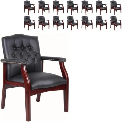 Vista 13 de Pemberly Row Silla de invitados tradicional de piel sintética, tapicería negra, base de madera de caoba con clavos de latón antiguo, 24.5 x 27 x