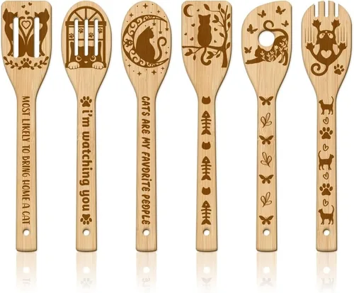 Vista 8 de GLOBLELAND Juego de 6 cucharas de madera de alpaca, lindo animal tallado de bambú, utensilios de cocina para mujeres y hombres, juego de espátulas