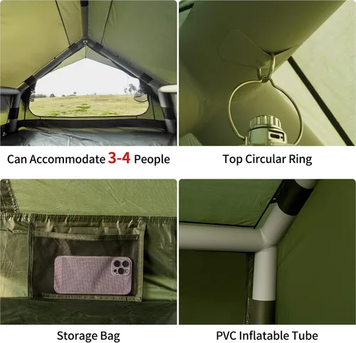 Vista 5 de Tienda de Campaña Inflable para Acampar con Bomba de Mano Impermeable para Exteriores Tienda Hinchable Oxford Tienda de Aire para 4 Estaciones Casa