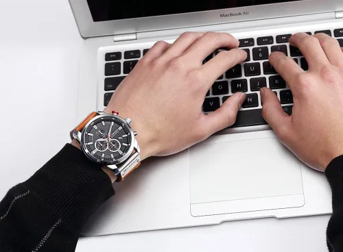 Vista 5 de Reloj deportivo con cronógrafo para hombre, correa de cuero marrón, reloj de cuarzo, reloj de pulsera casual para hombre, Completo negroacero.
