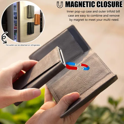 Vista 2 de ManChDa Billetera de cuero genuino delgada con bloqueo RFID para hombres, billetera triple de aluminio, cartera desmontable para tarjetas