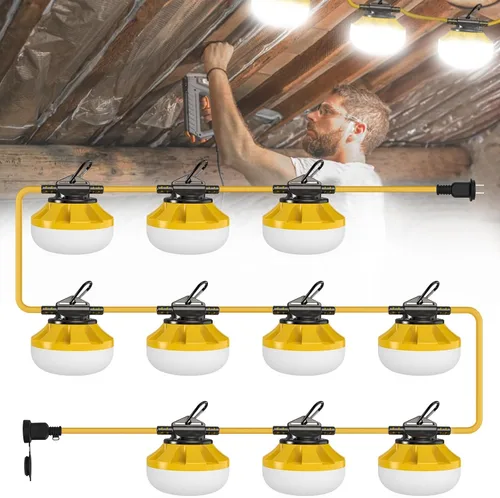 Vista 9 de Cadena de luces de construcción de 50 pies: Cadena de luces de trabajo de 50W con 5 bombillas y ganchos, Iluminación de construcción temporal IP65