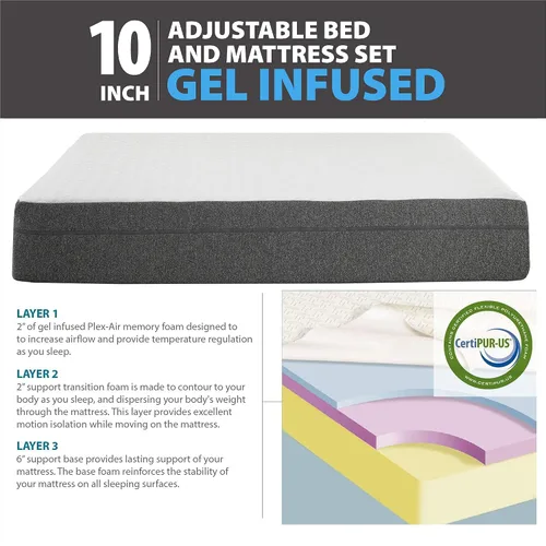 Vista 2 de Blissful Nights Colchón de espuma viscoelástica de firmeza media con infusión de gel de 10 pulgadas con marco de cama ajustable e2, juego combinado