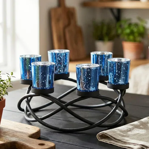 Vista 19 de Portavelas de Halloween Decoración de Centro de Mesa – Portavelas de Hierro Metal Negro de 6 Copas para Velas Votivas y de Té para Mesa Espeluznante
