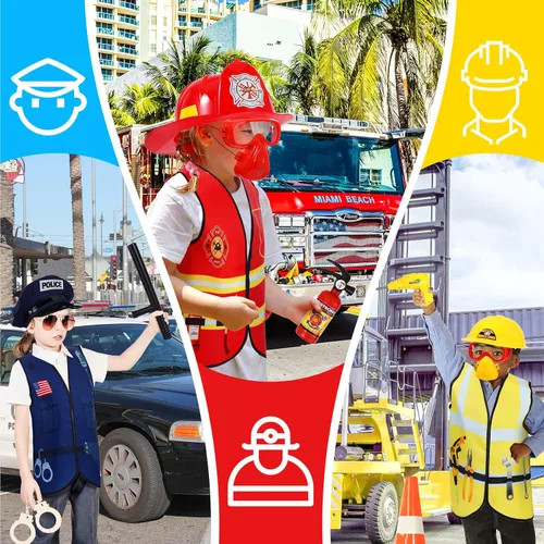 Vista 6 de 3 juegos de ropa de vestir para niños, disfraces de juego de rol a granel para niños de 3 a 7 años, chaleco de bombero, policía y trabajadores