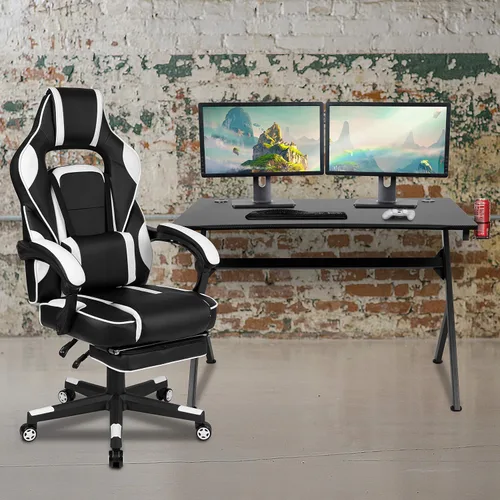 Vista 67 de Flash Furniture Juego de escritorio para juegos negro y silla de carreras blanco/negro con soporte para tazas, gancho para auriculares y soporte