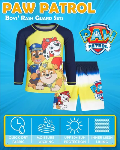 Vista 2 de Nickelodeon Paw Patrol UPF 50+ - Conjunto de protección contra erupciones para niños, Chase, Marshall camiseta de natación y trajes de baño (2T-7)