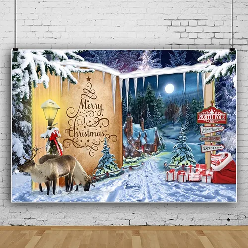 Vista 8 de Telón de fondo de 2,1 x 1,5 m para pueblo navideño, nieve invernal, cielo nocturno, montaña, Santa, fondo para fotografía, decoración para fiesta