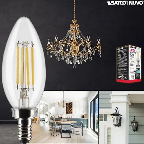 Vista 3 de Satco S21274 LED B11 de 5.5 vatios; transparente; base de candelabro; 90 CRI; 3000 K; 120 voltios (paquete de 2)