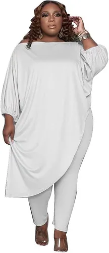 Vista 2 de Huasemy Trajes de talla grande para mujer trajes deportivos de manga larga con hombros inclinados tops asimétricos pantalones ajustados conjuntos