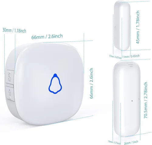 Vista 6 de Timbre de puerta METEK, alarma inalámbrica de sensor de contacto para puertas abiertas con alcance de 500 pies, 58 timbres y 5 niveles de volumen