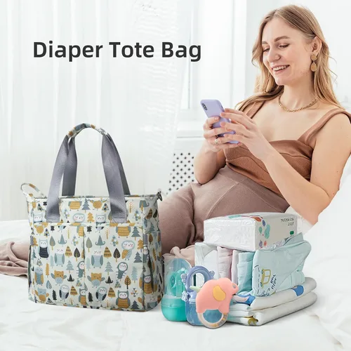 Vista 2 de Bolsa de pañales impermeable para mamá y papá, bolsas de viaje medianas multifunción (búho lindo)