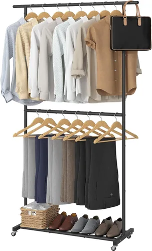 Vista 12 de Sywhitta Perchero de Ropa de Doble Barra Rodante, Organizador de Ropa con Ruedas para Colgar Ropa, Fácil de Ensamblar, Ajustable, Negro