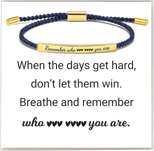 Vista 11 de Pulsera trenzada motivacional con texto en inglés "Remember Who The F You Are", regalos inspiradores para mujeres y amigas