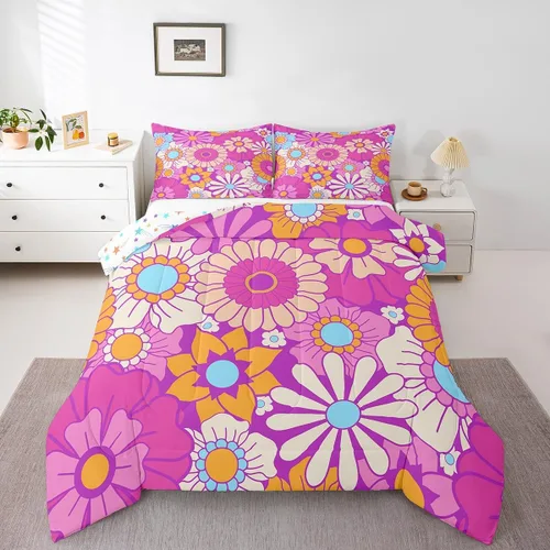 Vista 9 de Feelyou Juego de edredón retro de flores hippie para niñas y niños, tamaño individual, bonito edredón decorativo de hongos para habitación, 60S