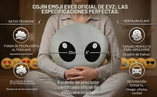 Vista 6 de Emoji Cara de Alienígena Cojín de Emoticón Relleno de Felpa Suave Almohada, Certificado Oficial, EvZ 31cm Gris