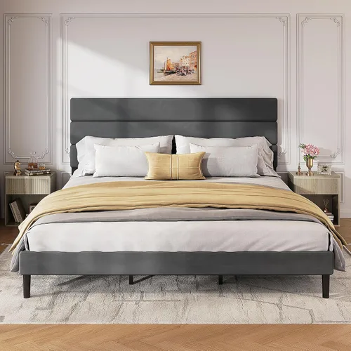 Vista 10 de WLIVE Base de cama tapizada, marcos de cama individual con cabecero, cama de plataforma con listones de madera, base de colchón de 600 libras,
