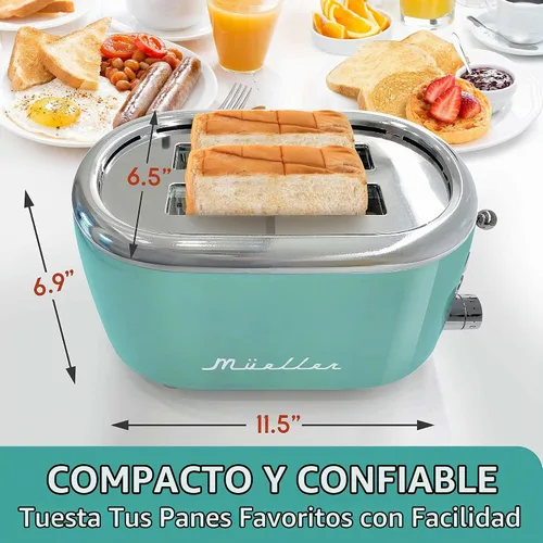 Vista 3 de Mueller Tostadora Retro de 2 Rebanadas con 7 Niveles de Dorado y 3 Funciones: Recalentar, Descongelar y Cancelar, Características de Acero