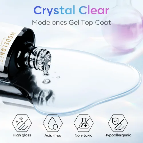 Vista 2 de Modelones – Capa superior de gel sin limpieza de alto brillo y larga duración, transparente para uñas acrílicas, 0.51 onzas líquidas, lámpara Una