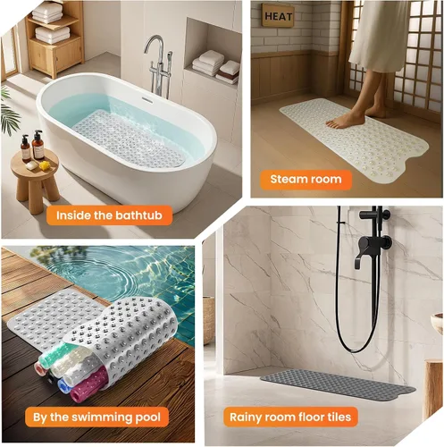 Vista 7 de Alfombrilla antideslizante para bañera, extra grande de 39x16 pulgadas con agujeros de drenaje y ventosas, lavable a máquina, color negro