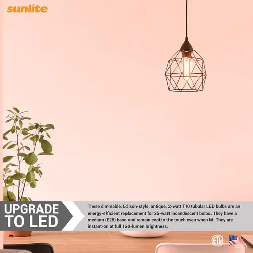 Vista 4 de Sunlite 80610 - Bombilla tubular de filamento LED T10, 2 vatios (equivalente a 25 W), 160 lúmenes, base E26, regulable, 4.961 in, 1 paquete de 2200