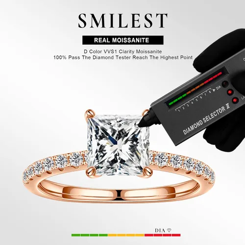 Vista 2 de SMILEST 1.5 CT Moissanite Engagement Rings for Women, D Color VVS1 Clarity Princess Lab Created Moissanite Side Stone Wedding Rings 18K White Yellow