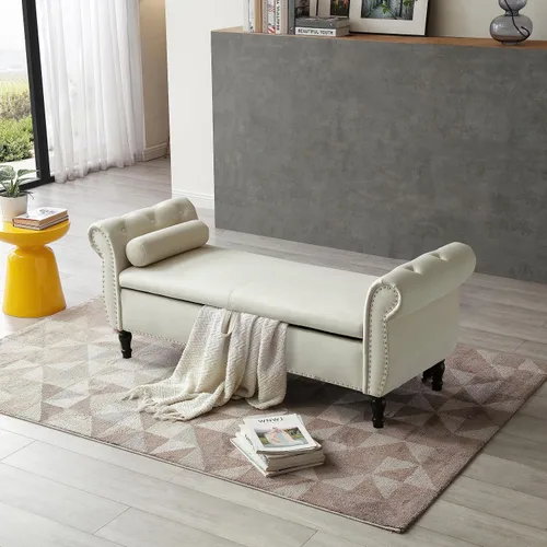 Vista 4 de Banco de almacenamiento rectangular de terciopelo de 63 pulgadas, taburete otomano, con botones copetudos, bancos de ventana con ribete de cabeza