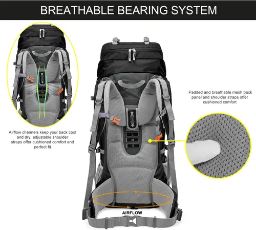 Vista 3 de MOUNTAINTOP Mochila de marco interno 80L, paquete de mochila de gran Negro-80L