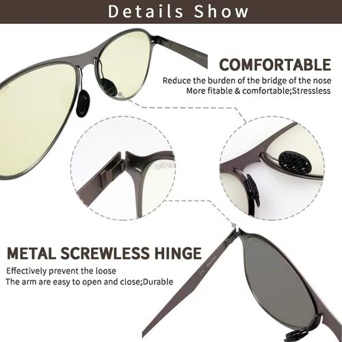Vista 5 de OrentasBloque de luz azul de metal ultrafino con lentes de sol fotocromáticos de conducción nocturna lente polarizada UV400 2 paquetes combinados