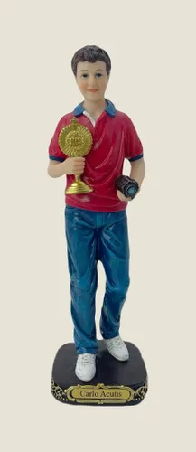 Vista 5 de Estatua del Beato Carlo Acutis de 12 pulgadas - Figura católica de resina de santo moderno con cámara - Regalo juvenil de la Santa Eucaristía