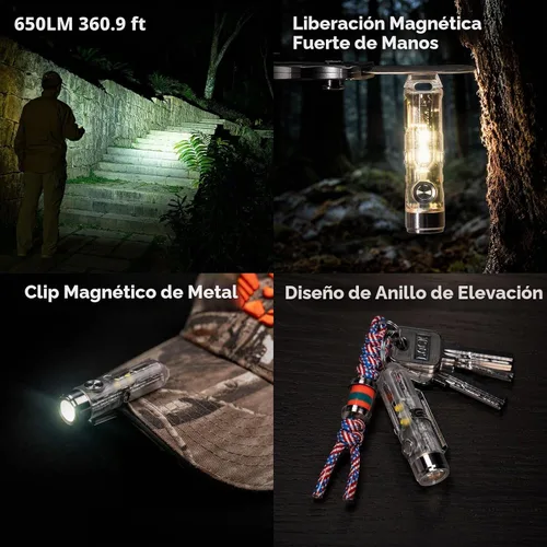 Vista 4 de RovyVon Linterna EDC USB-C Aurora A8 de 4ta generación, LED 6500K máximo 650 lúmenes, luz de llavero de encendido momentáneo con clip/base