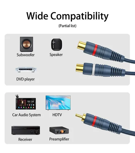 Vista 4 de RCA Splitter 1 macho 2 hembra, paquete de 2, cable divisor RCA Y cable de extensión adaptador de audio y video de 0.2M/0.65ft para altavoz
