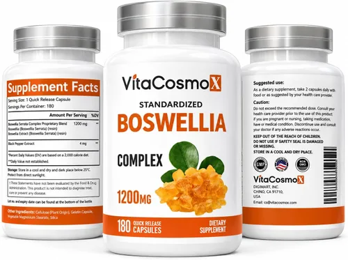 Vista 4 de Boswellia Serrata 1200 mg con 4 mg de pimienta negra BioPerine por porción, 180 cápsulas vegetarianas, sin OMG y sin gluten