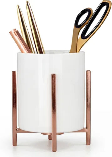 Vista 9 de Vaso de cerámica para escritorio, soporte de lápiz blanco y negro para escritorio, soporte para brochas de maquillaje de escritorio, soporte