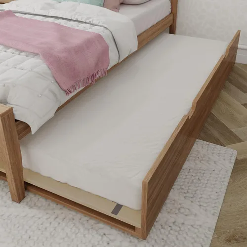 Vista 4 de Max & Lily Cama individual con nido, marco de cama individual de madera maciza con cabecera de panel, cama individual para niños con soporte de Nuez