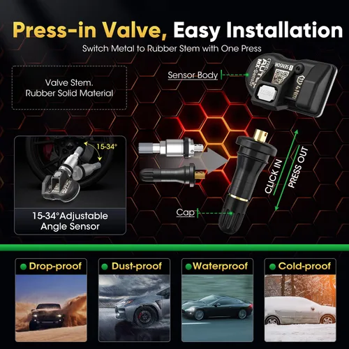 Vista 5 de Autel Juego de 4 sensores TPMS, sensor MX-2 en 1, 315 MHz + sensor programable universal TPMS de presión de 433 MHz, nivel OE 100% clonable por