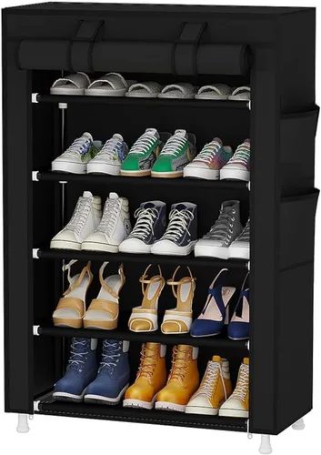 Vista 5 de Calmootey Organizador de zapatos de 5 niveles, estante portátil para zapatos con cubierta de tela no tejida para armario, pasillo, dormitorio, Gris