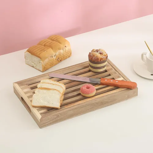 Vista 6 de Tabla de cortar pan de madera con bandeja colectora de migas, bandeja para servir 2 en 1 Tabla de pan extraíble con asas para rebanar panes