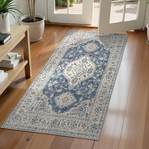 Vista 27 de Lahome Alfombra oriental lavable de área pequeña, 2 x 3 pies, para entrada, cocina, ultra fina, suave, tapete antideslizante para puerta de Azul