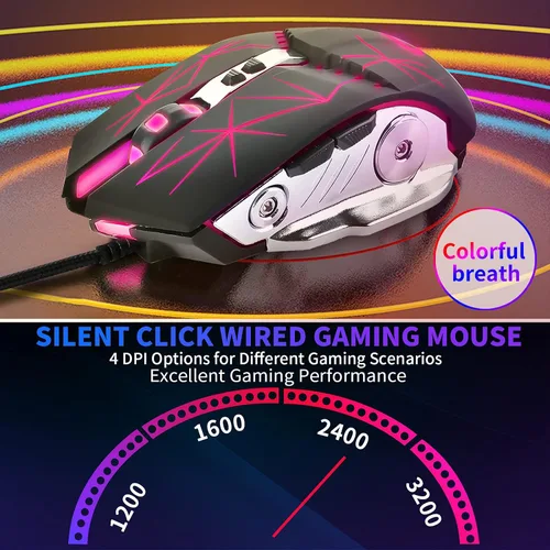 Vista 4 de LETGOALL Silent Click - Ratón de computadora con cable con retroiluminación RGB, 4 DPI ajustables hasta 3200, mouse ergonómico para jugadores
