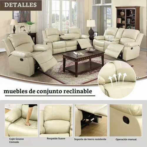 Vista 3 de Juego de muebles de cuero sintético para sala de estar, juego de sofá reclinable, sofá de dos plazas, juegos de muebles para sala de estar, sofá