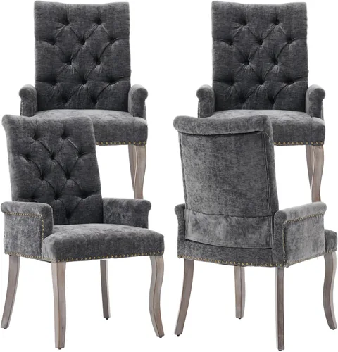 Vista 19 de Sillas de Comedor Tapizadas Acolchadas de Chenilla con Brazos y Ribete de Tachuelas – Marco y Patas de Madera Maciza, Estilo Granja Moderna