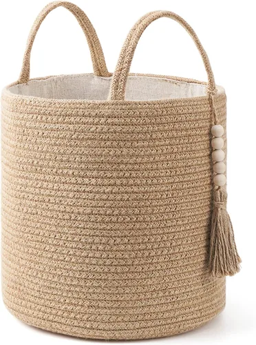 Vista 15 de Mkono - Canasta de almacenamiento tejida, canasta decorativa de cuerda natural con cuentas de madera para mantas, juguetes, ropa, zapatos y plantas