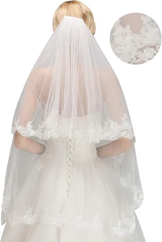 Vista 2 de MisShow Velo de novia corto de tul de 2 niveles para mujer con peine